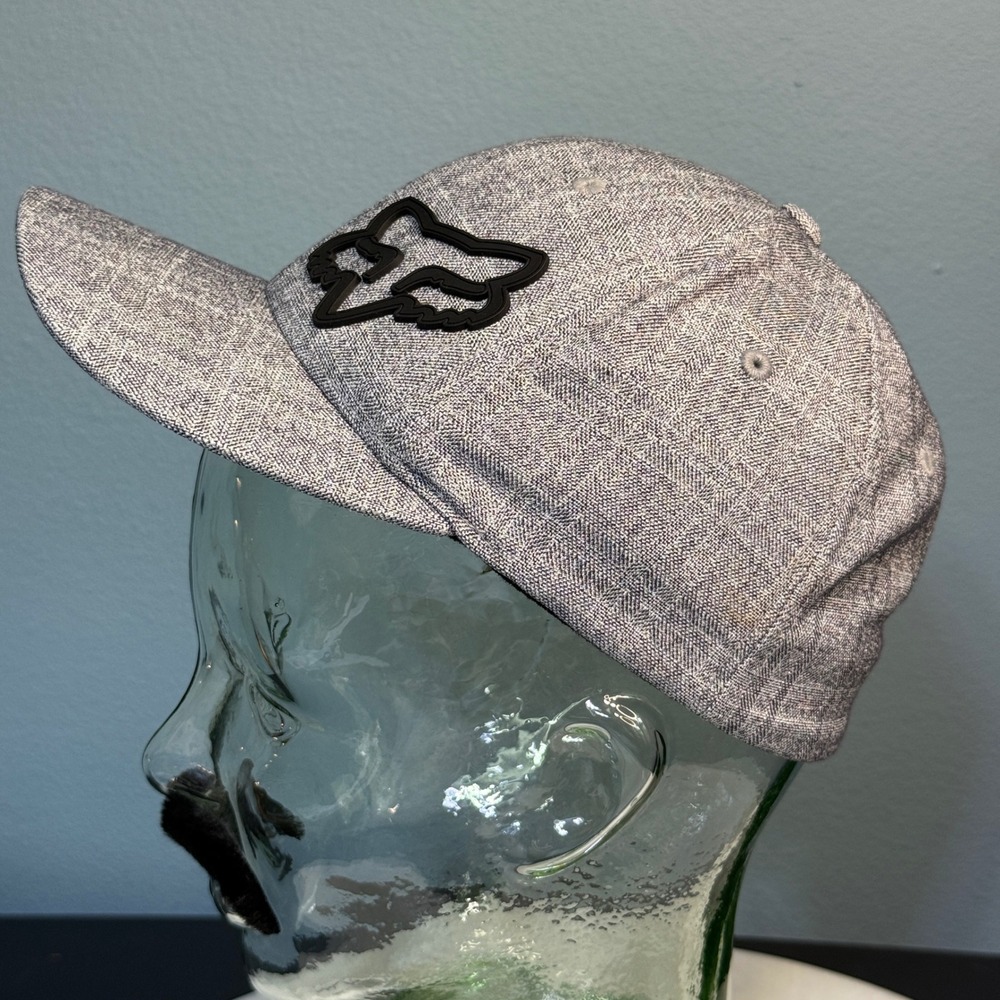 Fox Racing Kids Hat‎ Grey Herringbone Black Rubber Logo Y2K Youth Baseball Cap